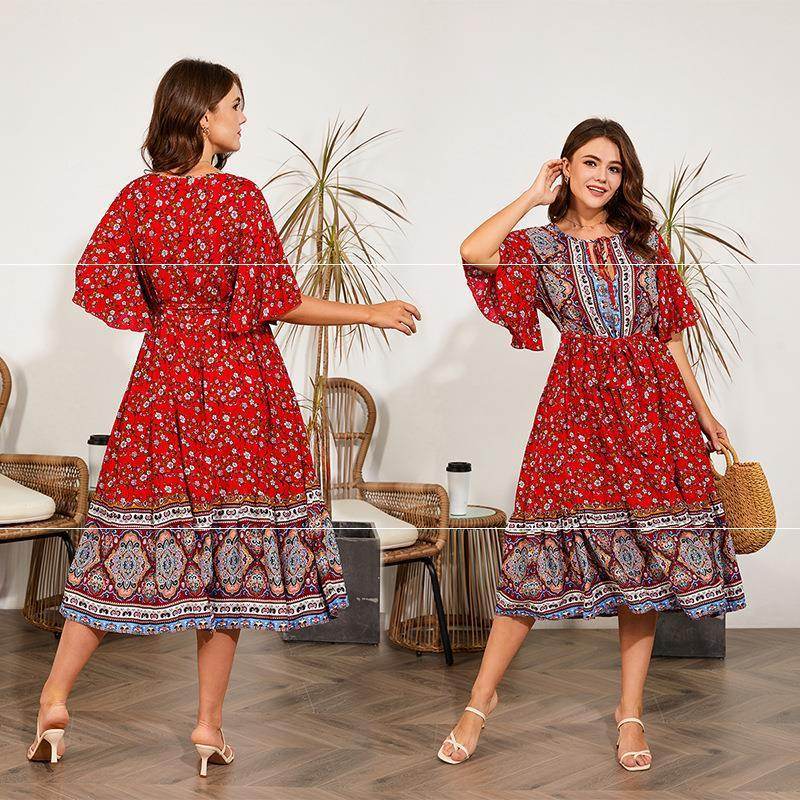Modest Plus Size Summer dress V Neck Midi Beach boho Dress - EX-STOCK Canada