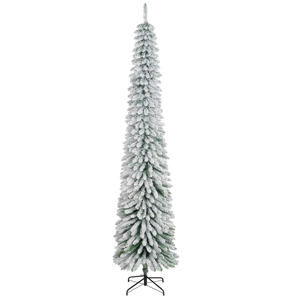 9ft Snow-Flocked Artificial Christmas Tree, Slim Pencil Xmas Tree With 714 Realistic Branches, Metal Base, Green EX-STOCK Canada