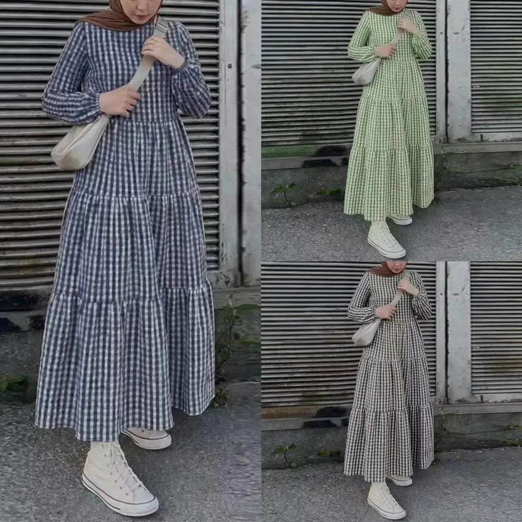 Middle East Plaid Long Sleeve Elastic Sleeve Round Neck Loose Waist Casual Dress Checked Casual dress for Arabfor Women - EX-STOCK Canada