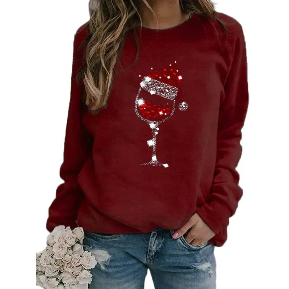 Clothing Christmas Women's Sweater Christmas Hat Red Wine Glass Graphic Print Crew Neck Long-sleeved Sweater - EX-STOCK Canada