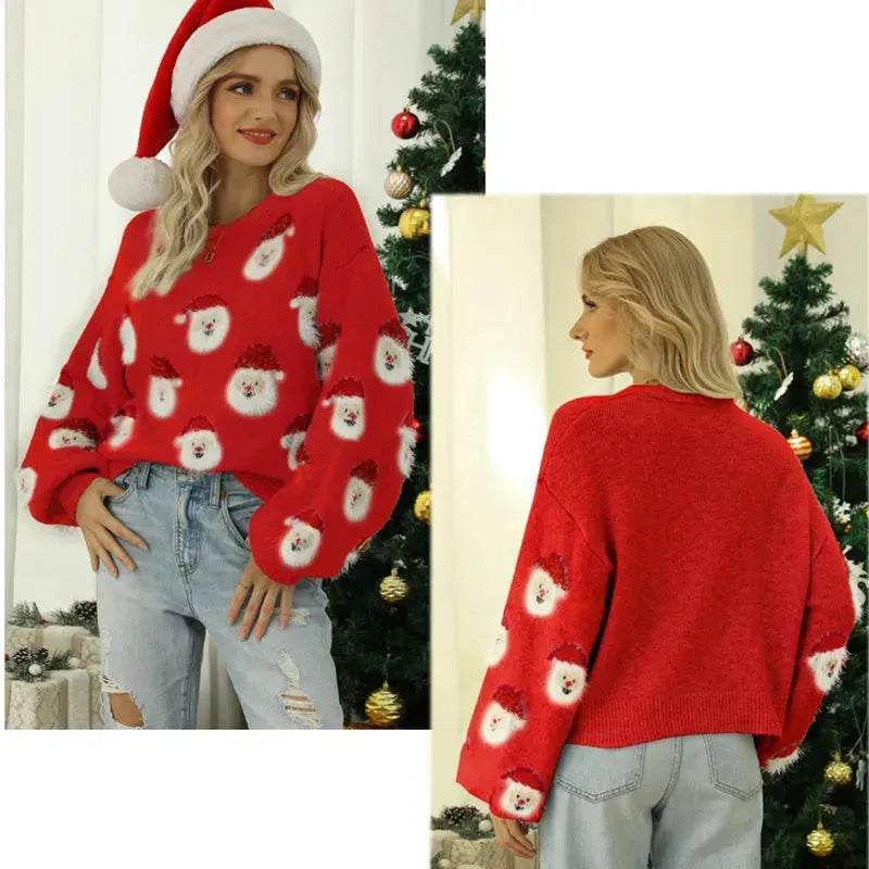Christmas Sweater Women Cute Cartoon Santa Print Knit Sweater Winter Tops - EX-STOCK Canada