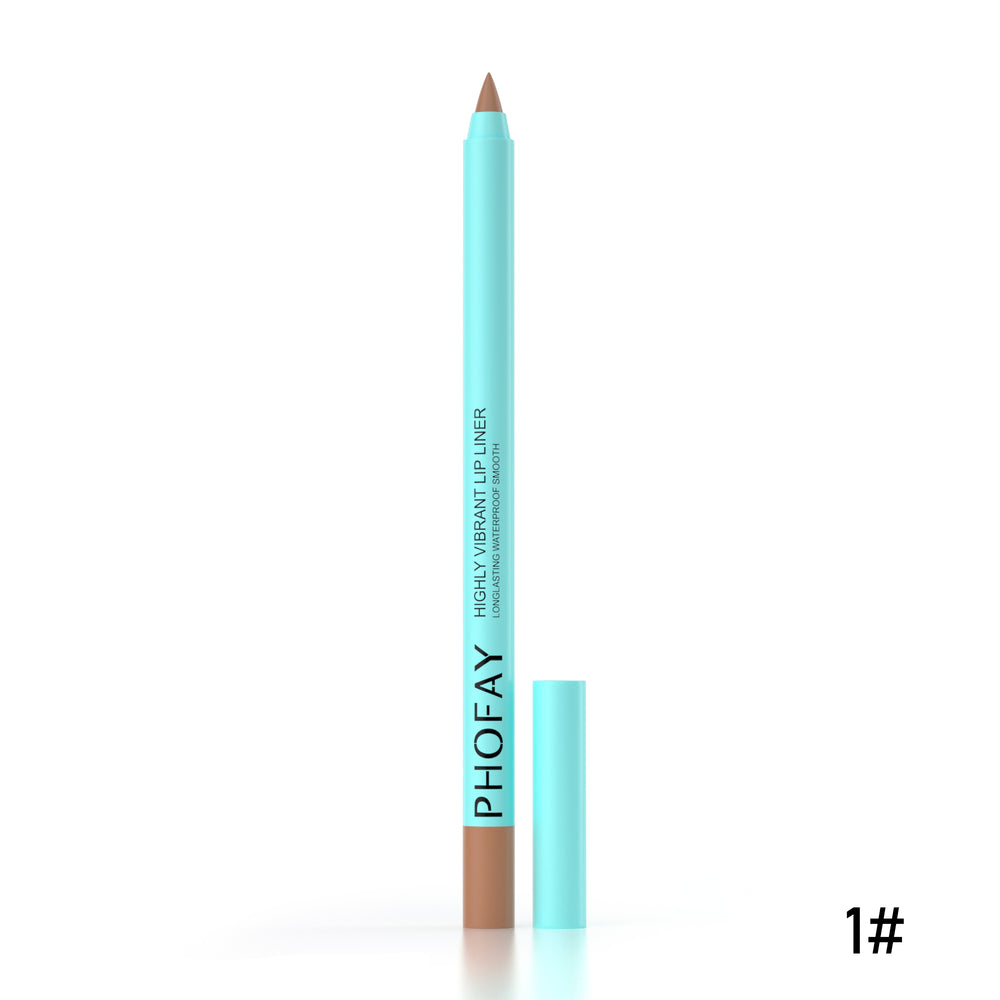 Lip liner pencil with blue casing and brown tip on a white background