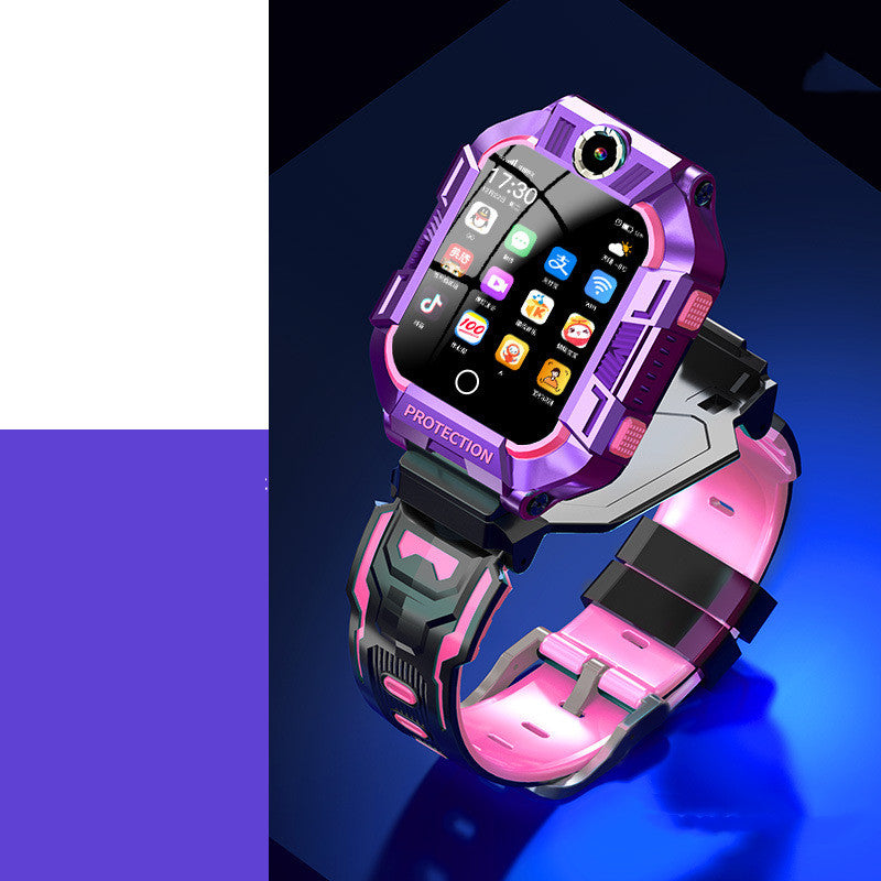 Smartwatch with a purple and pink design on a blue and white background