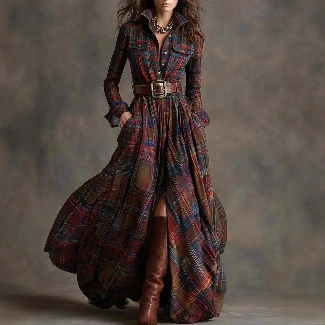 Large Size Women's Clothing French Retro Grid Slim Irregular Dress EX-STOCK Canada