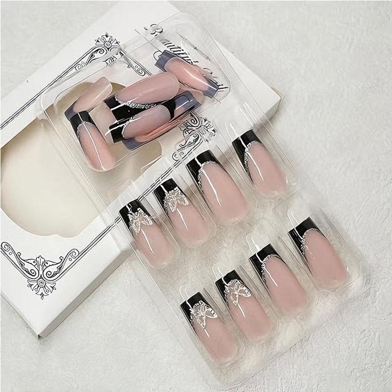 24 PCS Black P Ink Butterfly Nail Art, Long Length Long Water Pipe Fake Nails,Square Head Nail Tips False Nail EX-STOCK Canada