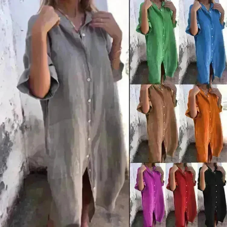 Women Loose Casual Half Sleeve Cotton Linen Buttoned down Shirt Dress - EX-STOCK CANADA