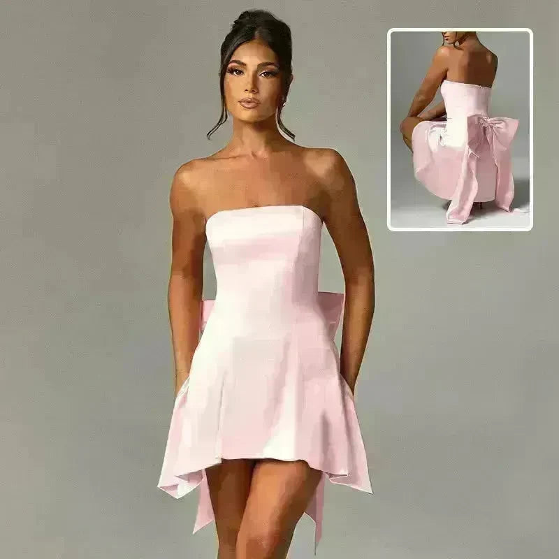 Women's Mini Tube Dress With Big Bow Summer Fashion Tube Top Short Skater Dress. - EX-STOCK CANADA