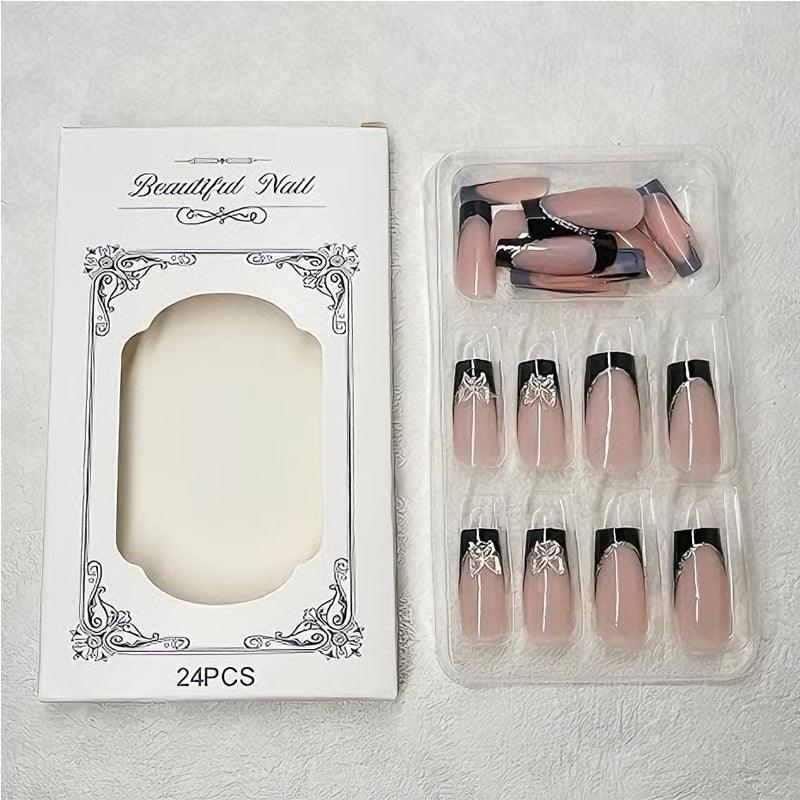 24 PCS Black P Ink Butterfly Nail Art, Long Length Long Water Pipe Fake Nails,Square Head Nail Tips False Nail EX-STOCK Canada