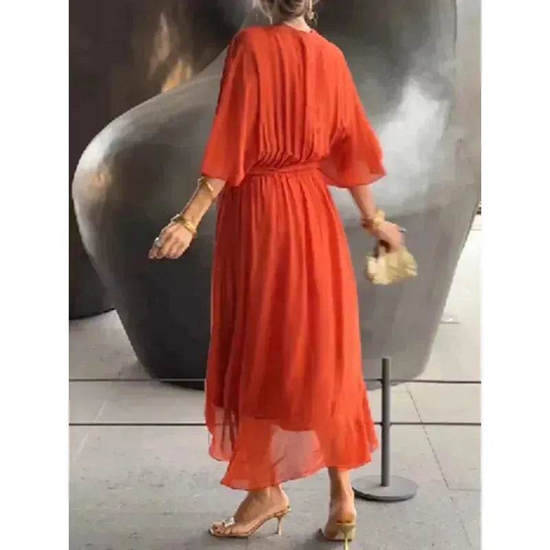 Batwing Sleeve V-neck Dress Summer Pure Color Tied Irregular Wrap Midi Dresses for Women - EX-STOCK Canada