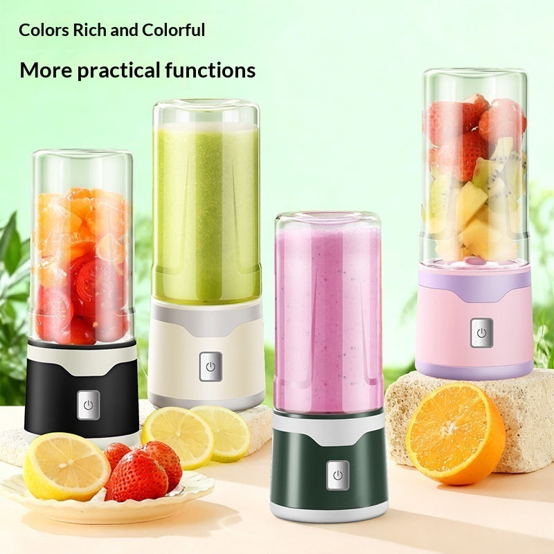 Set of colorful portable blenders with fruits and lemons on a light green background