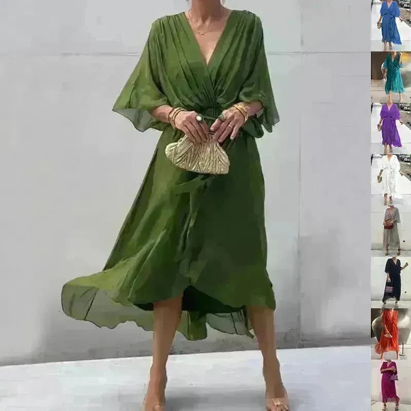 Batwing Sleeve V-neck Dress Summer Pure Color Tied Irregular Wrap Midi Dresses for Women - EX-STOCK CANADA