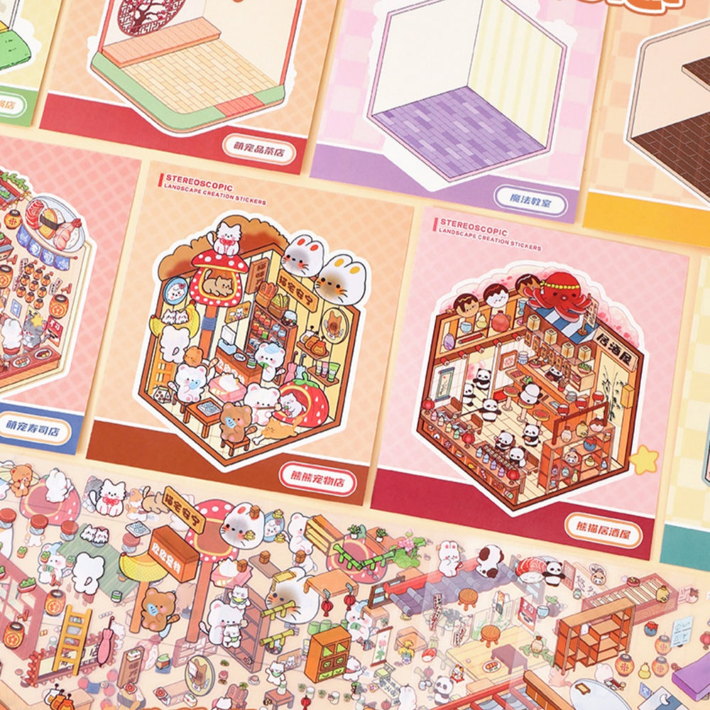 Colorful 3D paper model kit with cartoon characters and buildings on a pink background