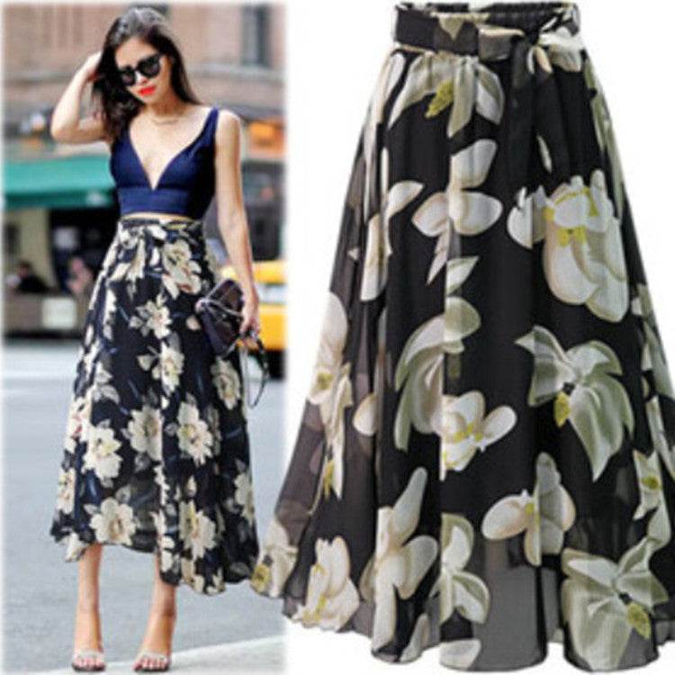 Women Formal Work Office High Waist Floral Midi Big Swing Chiffon Skirt - EX-STOCK Canada