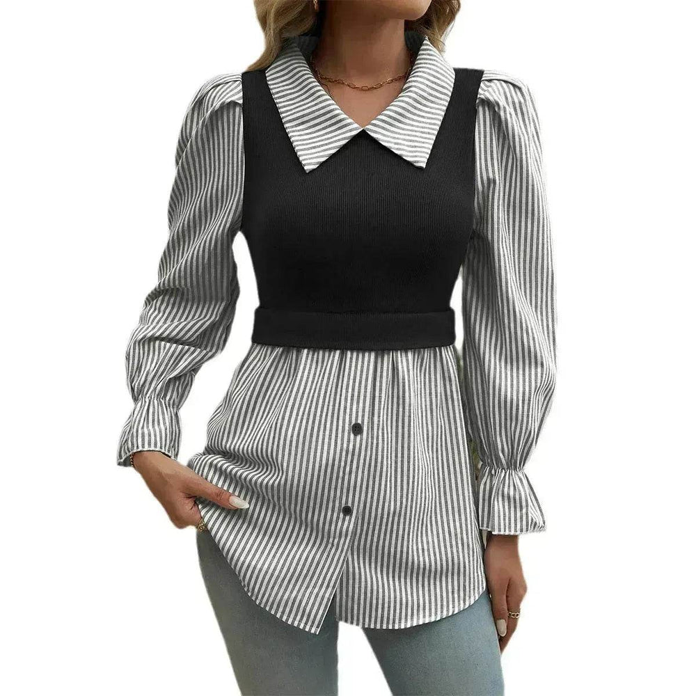 Women's Casual Contrast Color Stitching Long Sleeve Collar Ladies Evening Top - EX-STOCK Canada