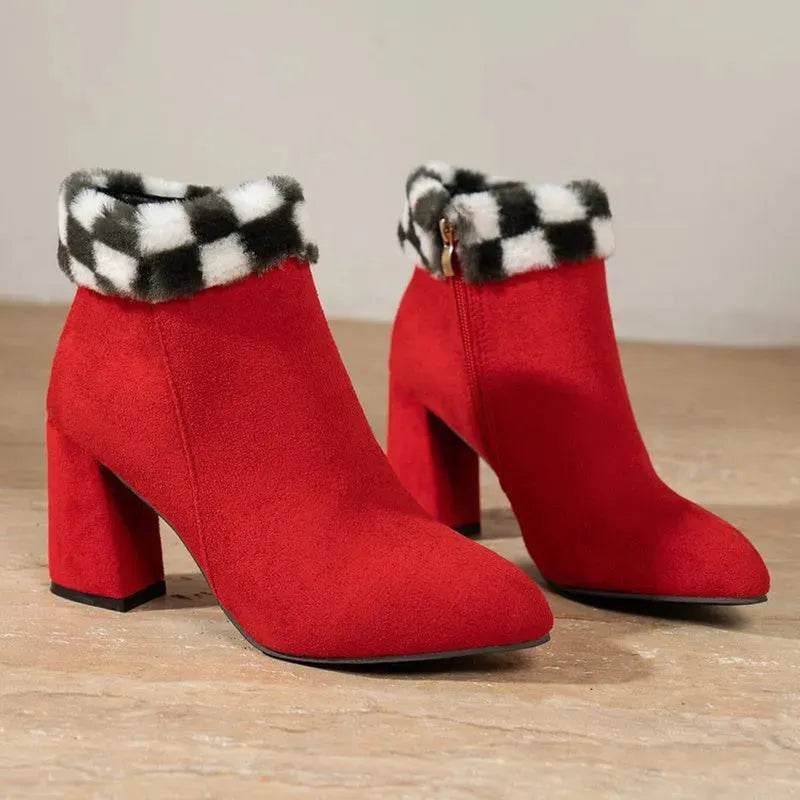 New Plaid Print Plush Ankle Boots Winter Fashion Square Heel Suede Boots Women Casual Versatile Shoes Autumn And Winter - EX-STOCK Canada