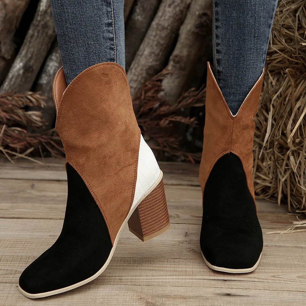 Fashion Splicing Suede Boots Retro Pointed-toe Square High Heel Mid-calf Boots For Women Fall And Winter Shoes - EX-STOCK Canada