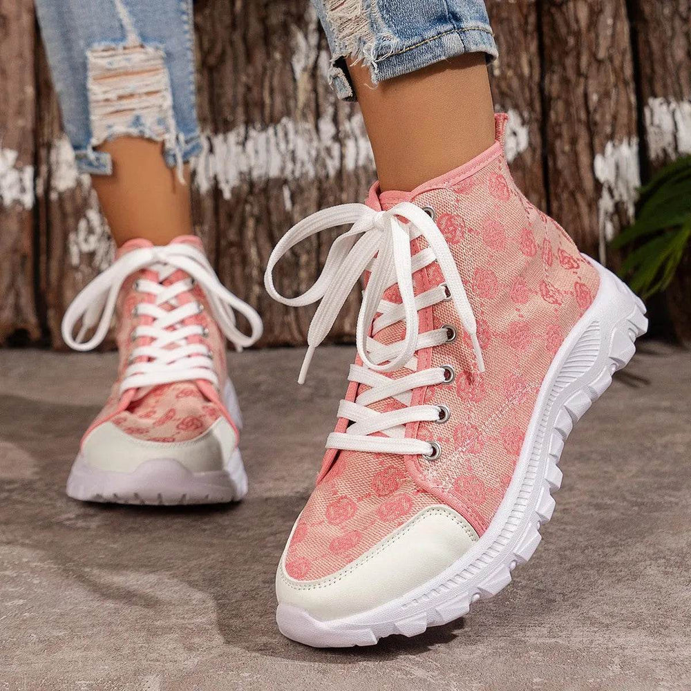 Rose-printed Lace-up Boots Fashion Breathable Canvas Shoes Sports Casual Non-slip Thick-soled Short Boot For Women - EX-STOCK Canada