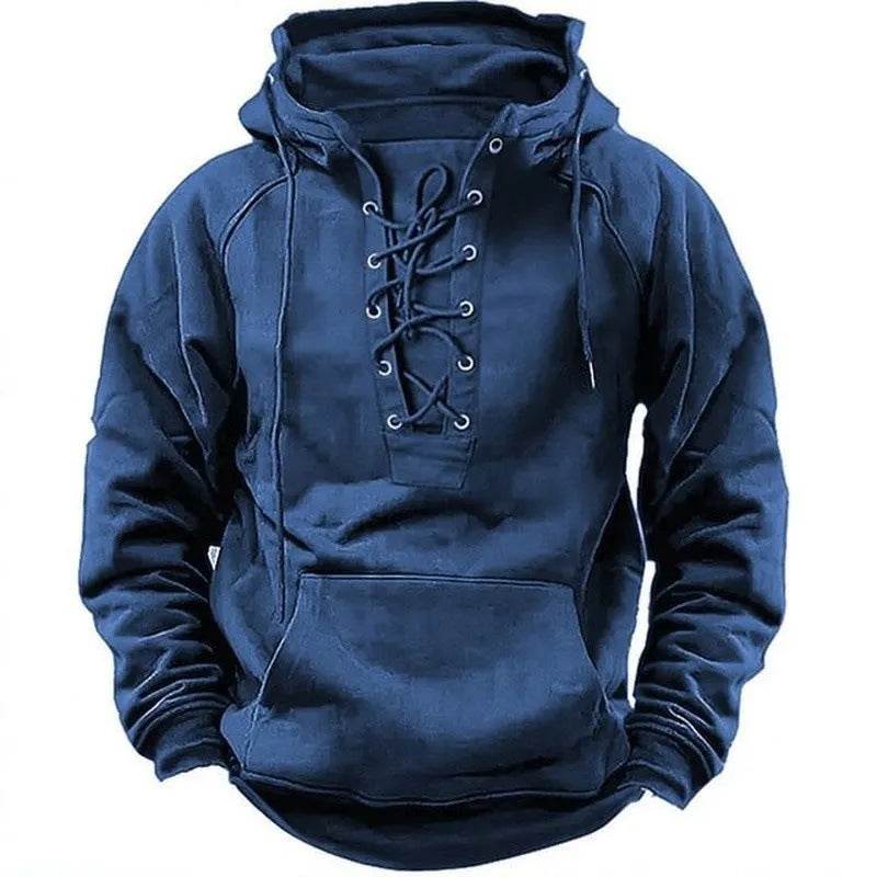 Men's Outdoor Retro Lace-up Hooded Long-sleeved T-shirt Casual Pullover top sweatshirt - EX-STOCK Canada