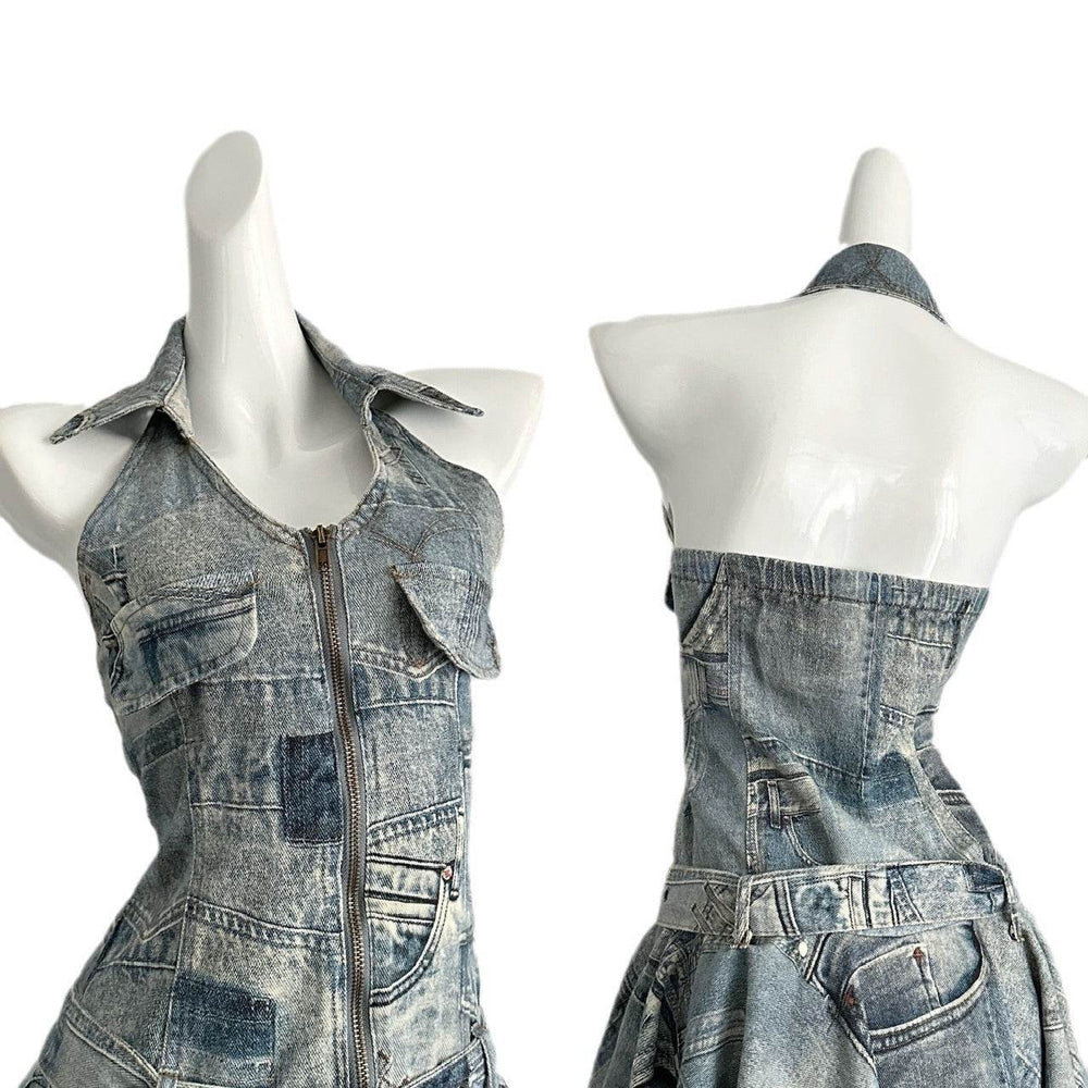 Waist-tight Halter Denim Dress Women's Distressed Retro Slimming Skirt - EX-STOCK Canada