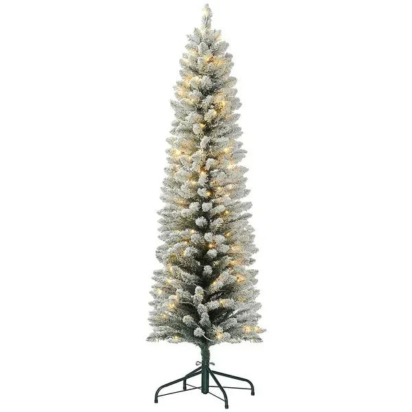 6ft Artificial Prelit Christmas Tree With Warm White LED Light, Snow Flocked Branches, Metal Base, Pencil Xmas Tree EX-STOCK Canada