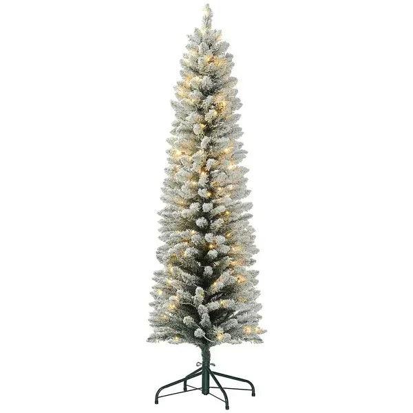 Sapin de Noël artificiel pré-éclairé de 6 pieds avec lumière LED blanche chaude, branches enneigées, base en métal, sapin de Noël en forme de crayonEX-STOCK Canada