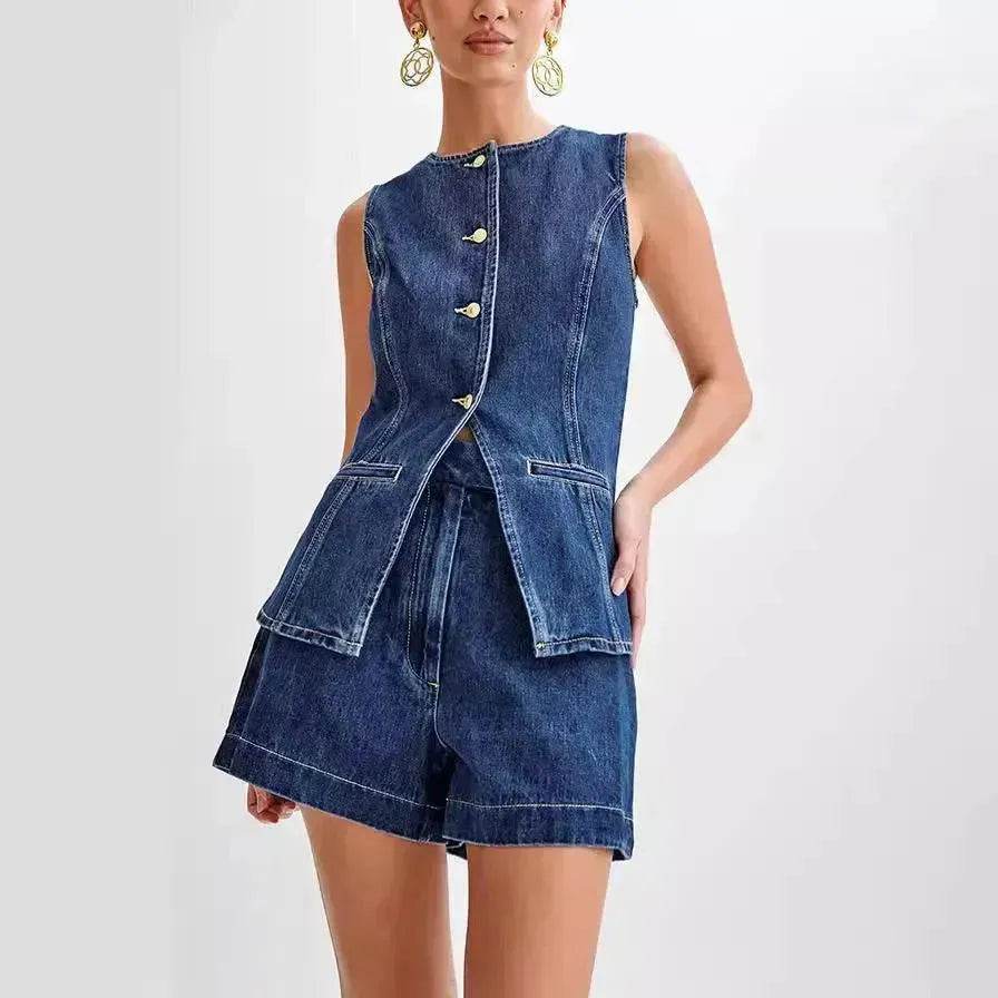 Fashion Denim Suit Summer Casual Sleeveless Button Vest Top And High Waist Shorts Set For Women - EX-STOCK Canada