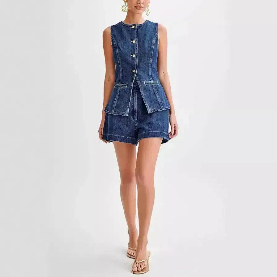 Fashion Denim Suit Summer Casual Sleeveless Button Vest Top And High Waist Shorts Set For Women - EX-STOCK Canada