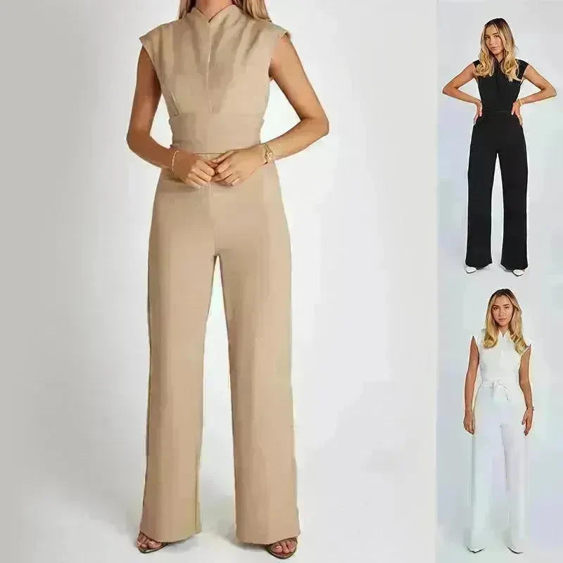Fashion Elegant Long Sleeveless Jumpsuit Summer V-neck Casual Wide Leg Long Overalls Clothing For Women - EX-STOCK CANADA