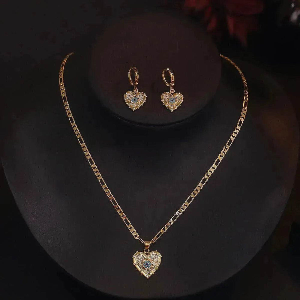 Fashion Jewelry Personality Copper Plated Real Gold Heart-shaped Zircon Pendant Necklace And Earrings Suite - EX-STOCK Canada