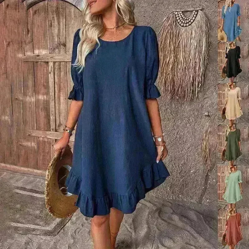Fashion Ruffle Short-sleeved Dress Summer Solid Color Round Neck Loose Midi Straight Dress for Women. - EX-STOCK CANADA