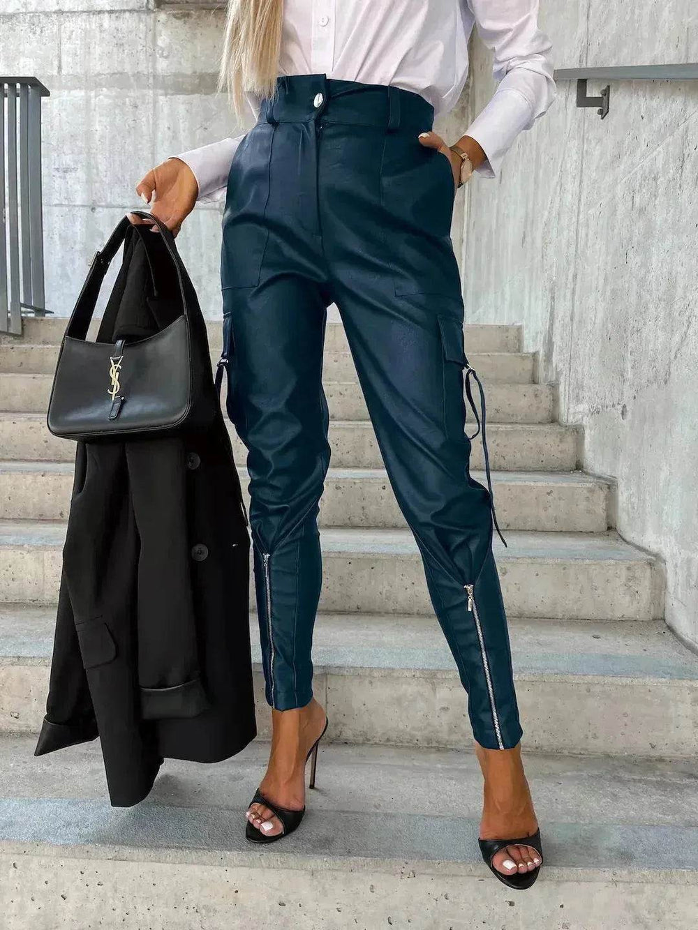 Fashion Slim-fitting Leather Trousers Women Waist-cinching Zipper Design Pants With Pockets - EX-STOCK Canada