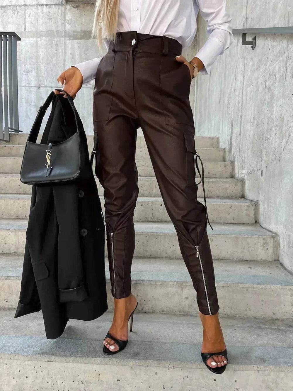 Fashion Slim-fitting Leather Trousers Women Waist-cinching Zipper Design Pants With Pockets - EX-STOCK Canada