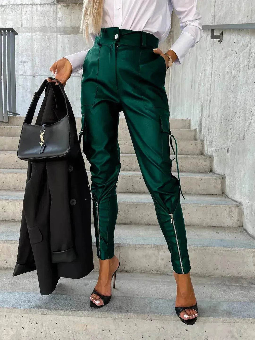 Fashion Slim-fitting Leather Trousers Women Waist-cinching Zipper Design Pants With Pockets - EX-STOCK Canada