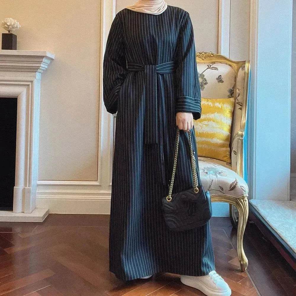 Fashionable Stripe Tunneled Abaya Dress for Elegant Arab Dubai Turkey Middle Eastern women. - EX-STOCK Canada