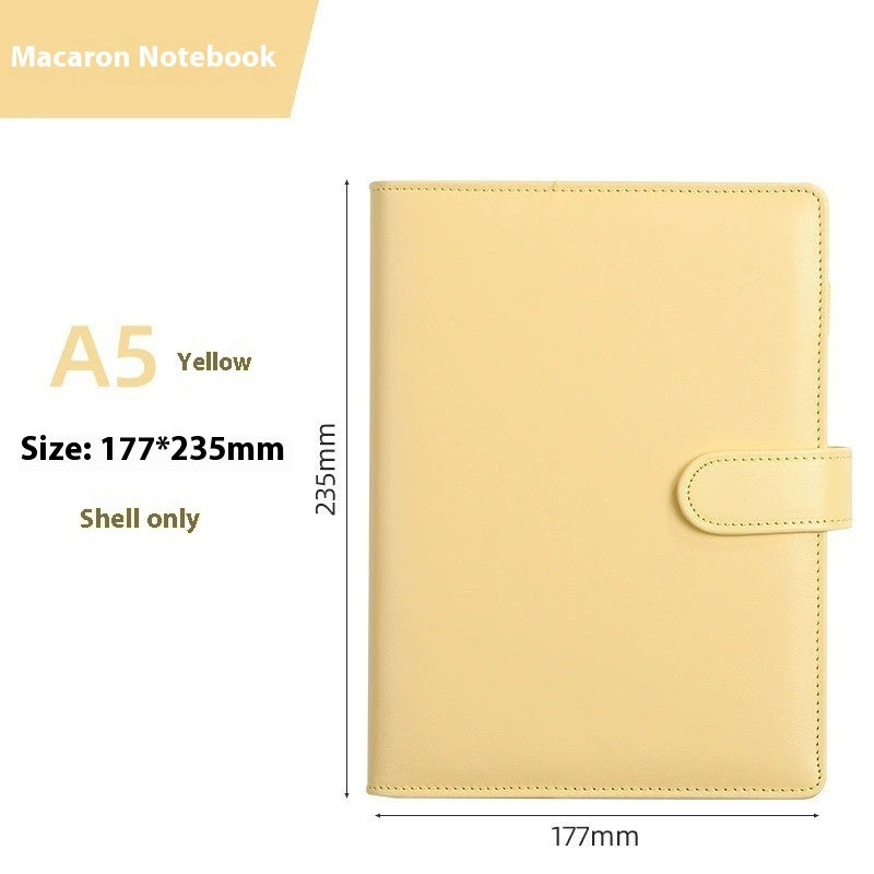 Yellow notebook with dimensions and product name on a white background