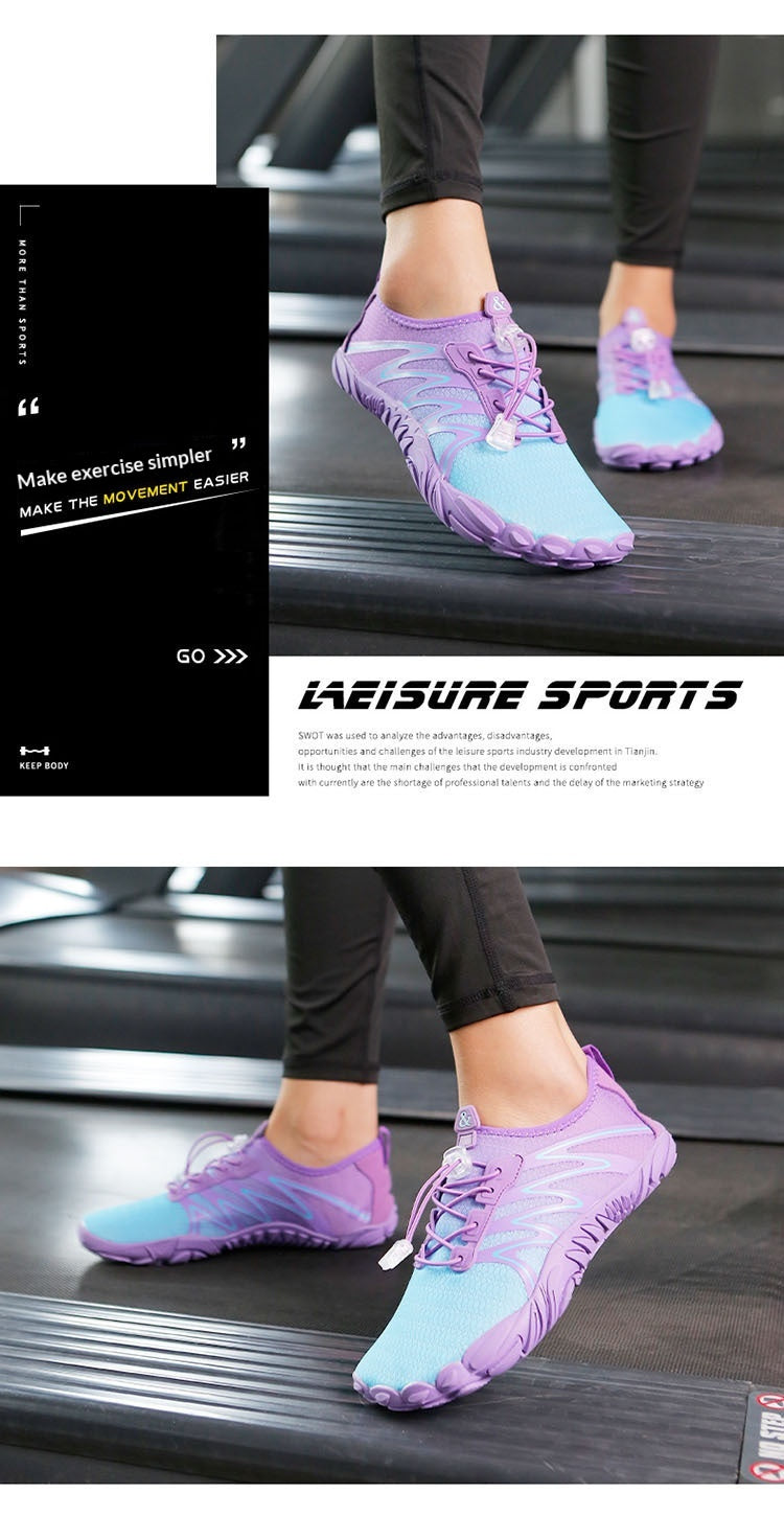 A pair of women's athletic sneakers in a purple and light blue gradient, shown being worn on a treadmill. The image is a composite layout featuring a top photo of the feet on the treadmill, a bottom photo of the shoes, and a black promotional sidebar with text.
