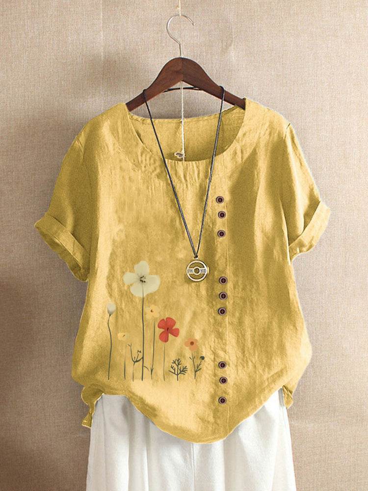 Casual Summer Beach Cotton And Linen Printed Elegant Short Sleeve blouse Top Women - EX-STOCK Canada