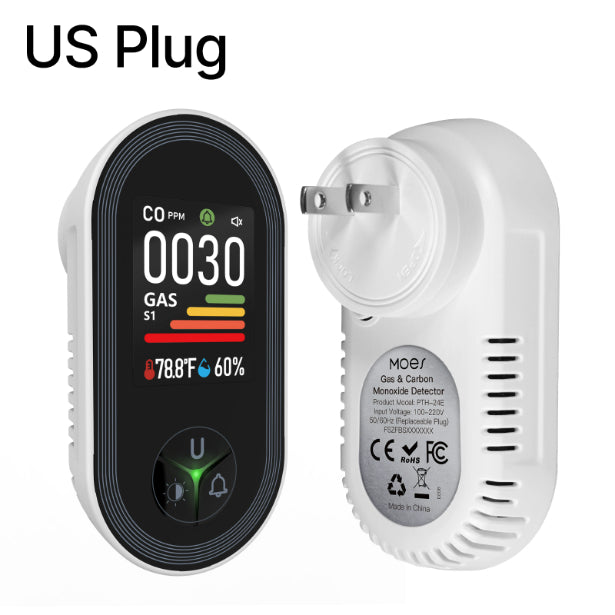 Gas detector with digital display and US plug on a white background
