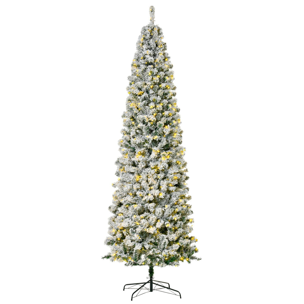9 Feet Prelit Artificial Snow Flocked Pencil Christmas Tree, Slim Xmas Tree With Warm White LED Light, Holiday Home Xmas Decoration, Green EX-STOCK Canada