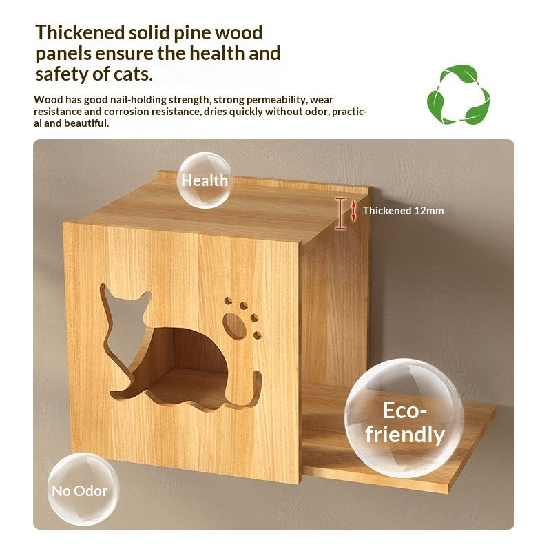 A wooden cat house with a cat silhouette cutout on the front, shown on a beige background with text highlighting thickened 12mm pine panels, health, eco-friendly, and odor-free qualities.