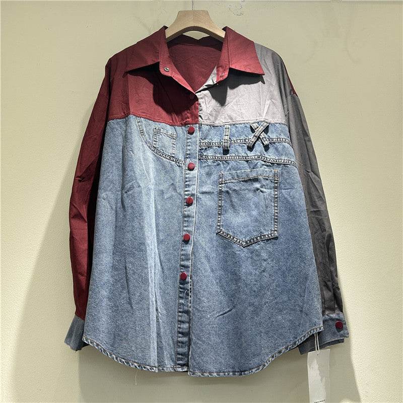 High-grade Contrast Color Patchwork Cotton Denim Long Sleeve Loose Shirt Women - EX-STOCK Canada