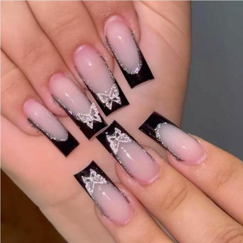 24 PCS encre noire P pour art des ongles papillon, faux ongles longs à tuyau d'eau long, pointes d'ongles carrées, faux onglesEX-STOCK Canada