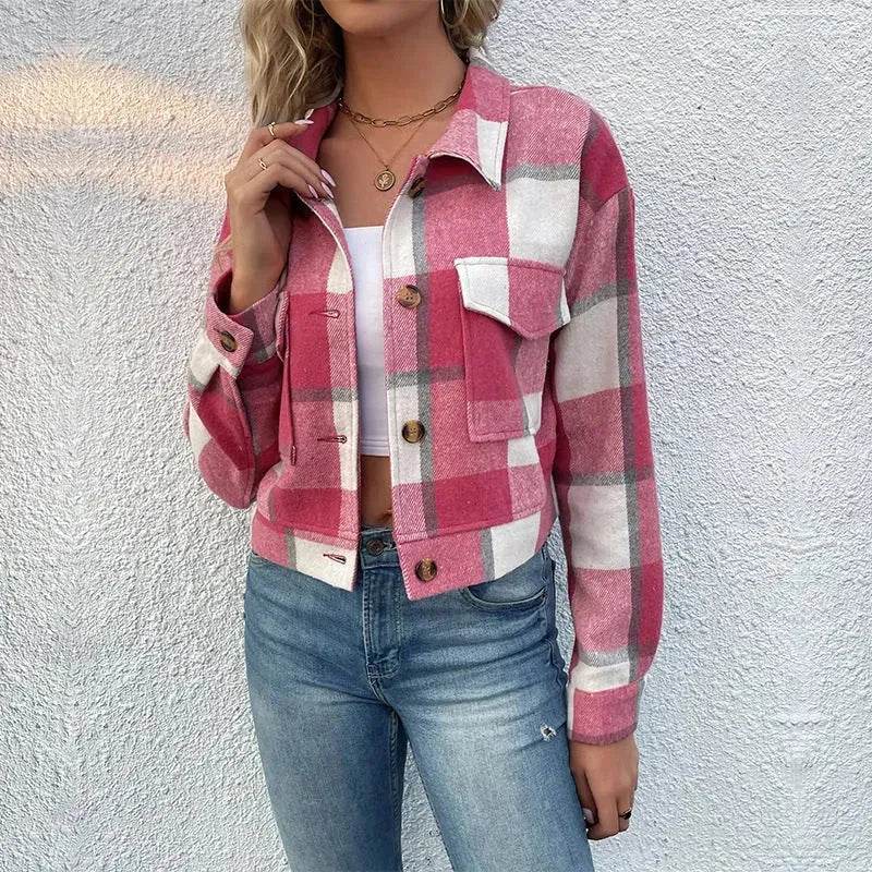 Fashion Oversized Plaid Lapel Cropped Jacket outwear top for women - EX-STOCK Canada
