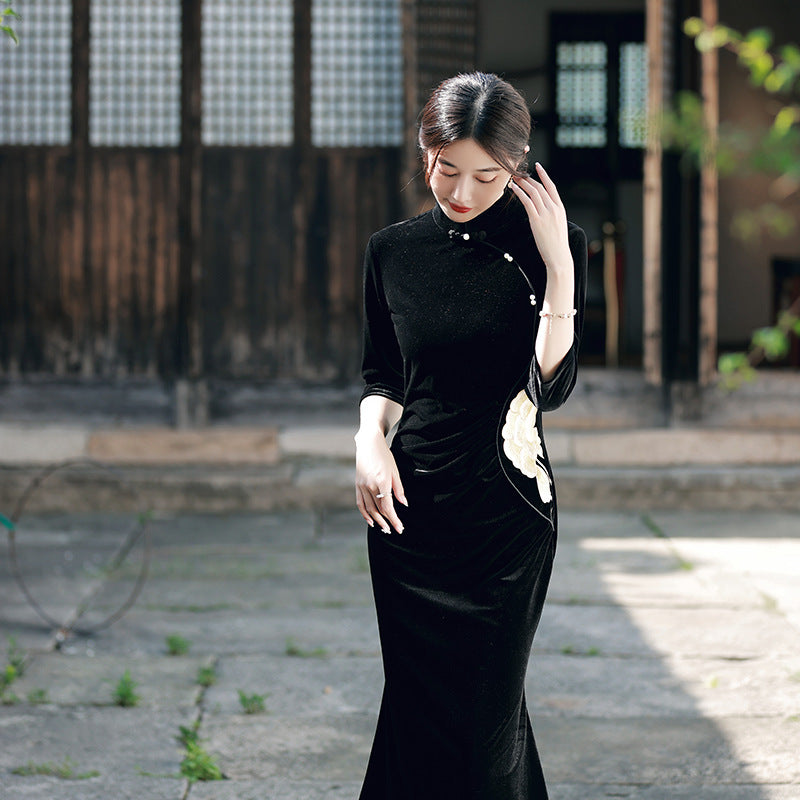 Improved Chinese-style Velvet Embroidered Dress Slim Dress EX-STOCK Canada
