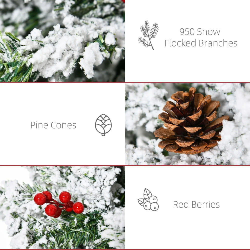 7.5 Foot Pencil Snow Flocked Artificial Christmas Tree With 950 Pine Realistic Branches, Pine Cones, Red Berries, Auto Open, Green EX-STOCK Canada