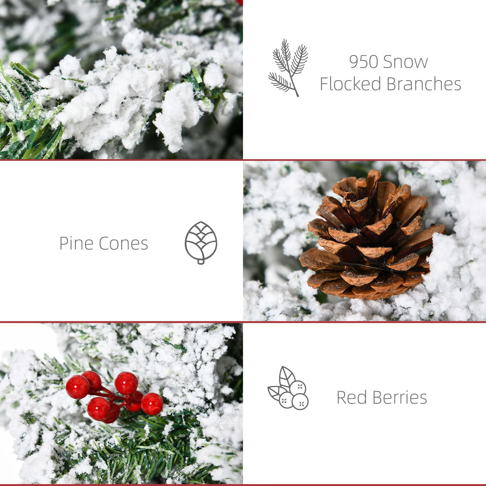 7.5 Foot Pencil Snow Flocked Artificial Christmas Tree With 950 Pine Realistic Branches, Pine Cones, Red Berries, Auto Open, Green EX-STOCK Canada