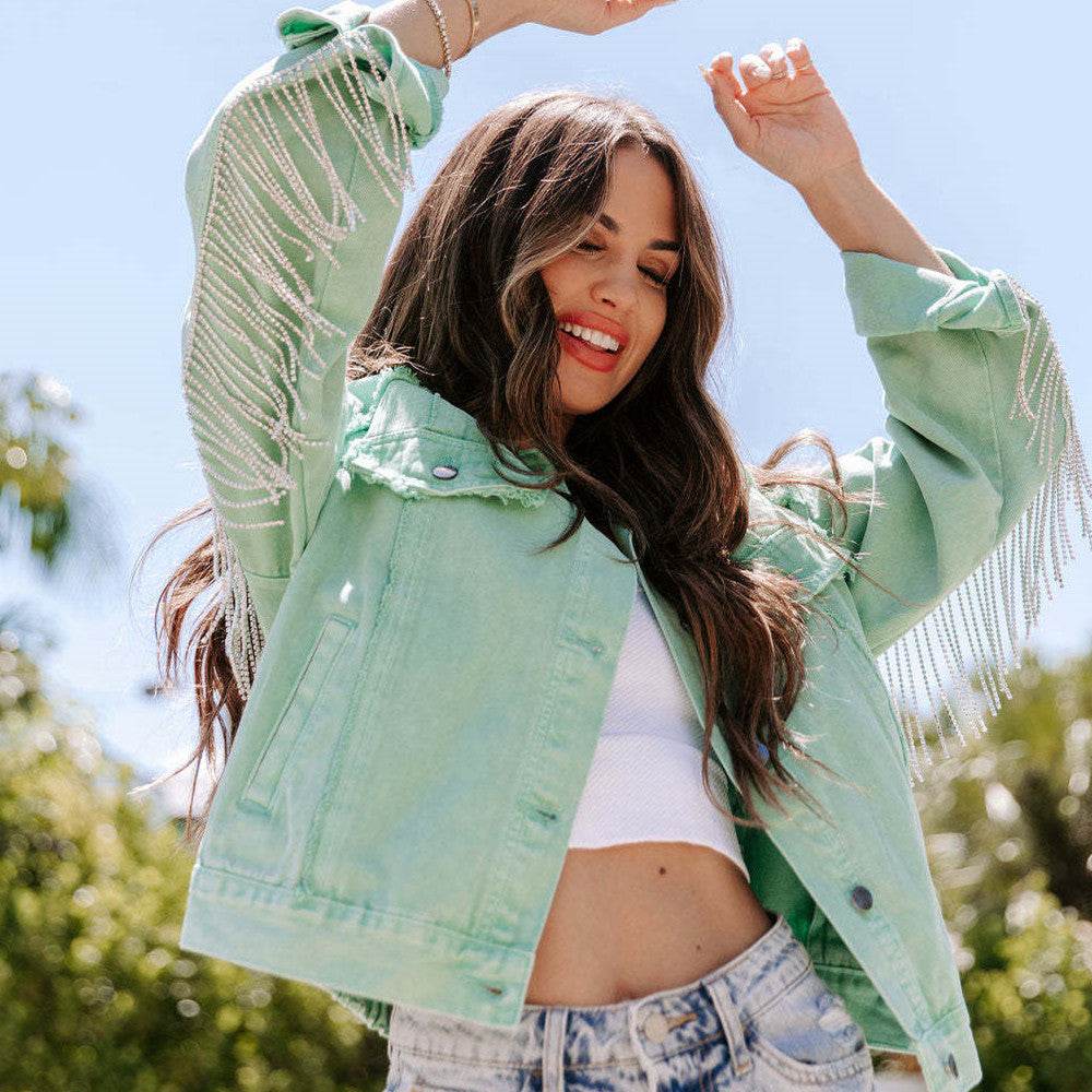 Autumn And Winter Casual Loose-fitting Tassel Chain Denim Jacket For Women - EX-STOCK Canada