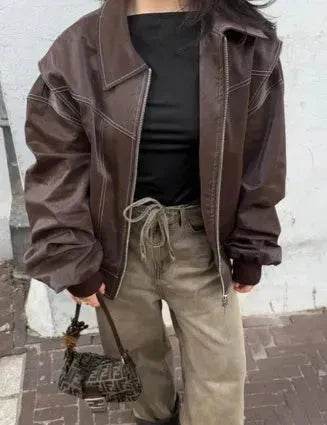 Oversized Fashion Zip-up Lapel Leather Jacket for women - EX-STOCK Canada