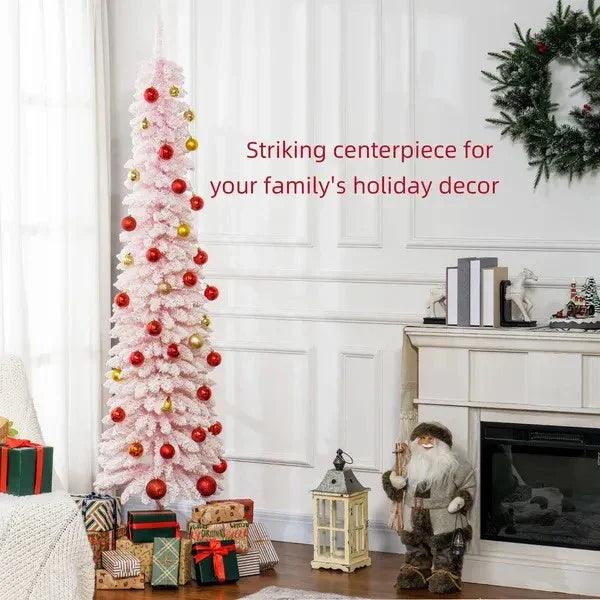 7ft Snow-Flocked Artificial Christmas Tree, Slim Pencil Xmas Tree With 490 Realistic Branches, Metal Base EX-STOCK Canada