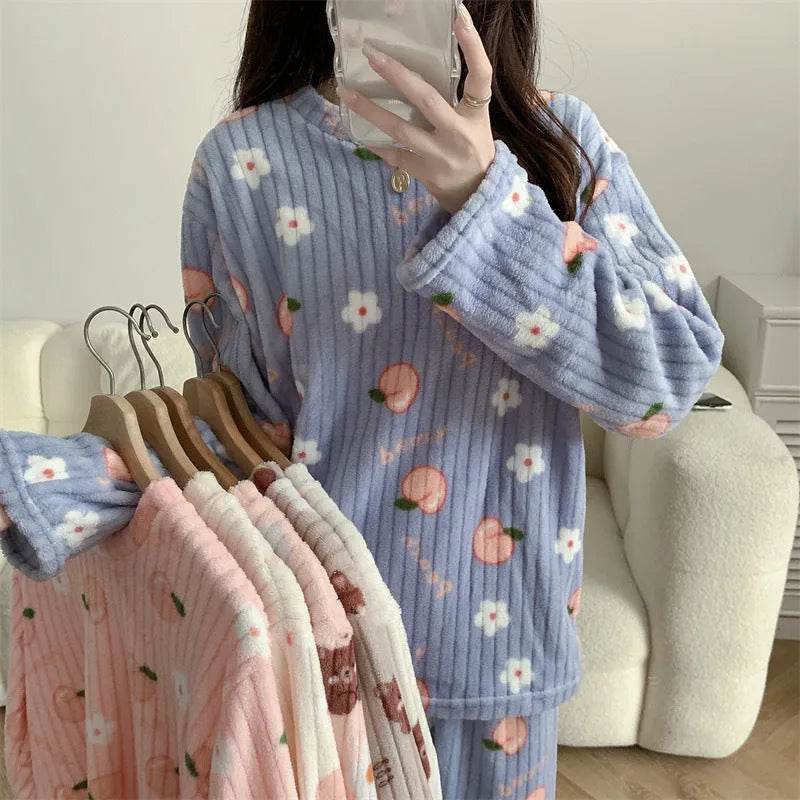 2pcs Women's Fall Winter Warm Pajamas Sets Coral Long Sleeve Cute Cartoon Bear Sleepwear Nightclothes - EX-STOCK Canada